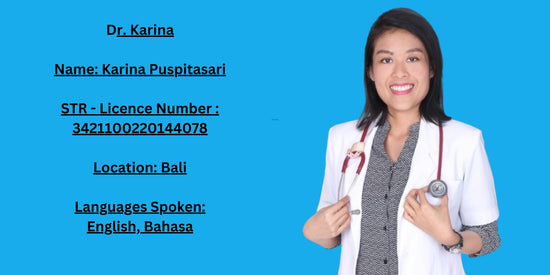 Portrait of Dr. Karina Puspitasari, a Bali-based doctor, wearing a white coat with a stethoscope and smiling.