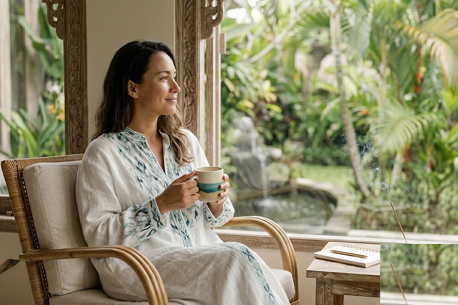 Woman sitting with a cup of tea by a villa garden window