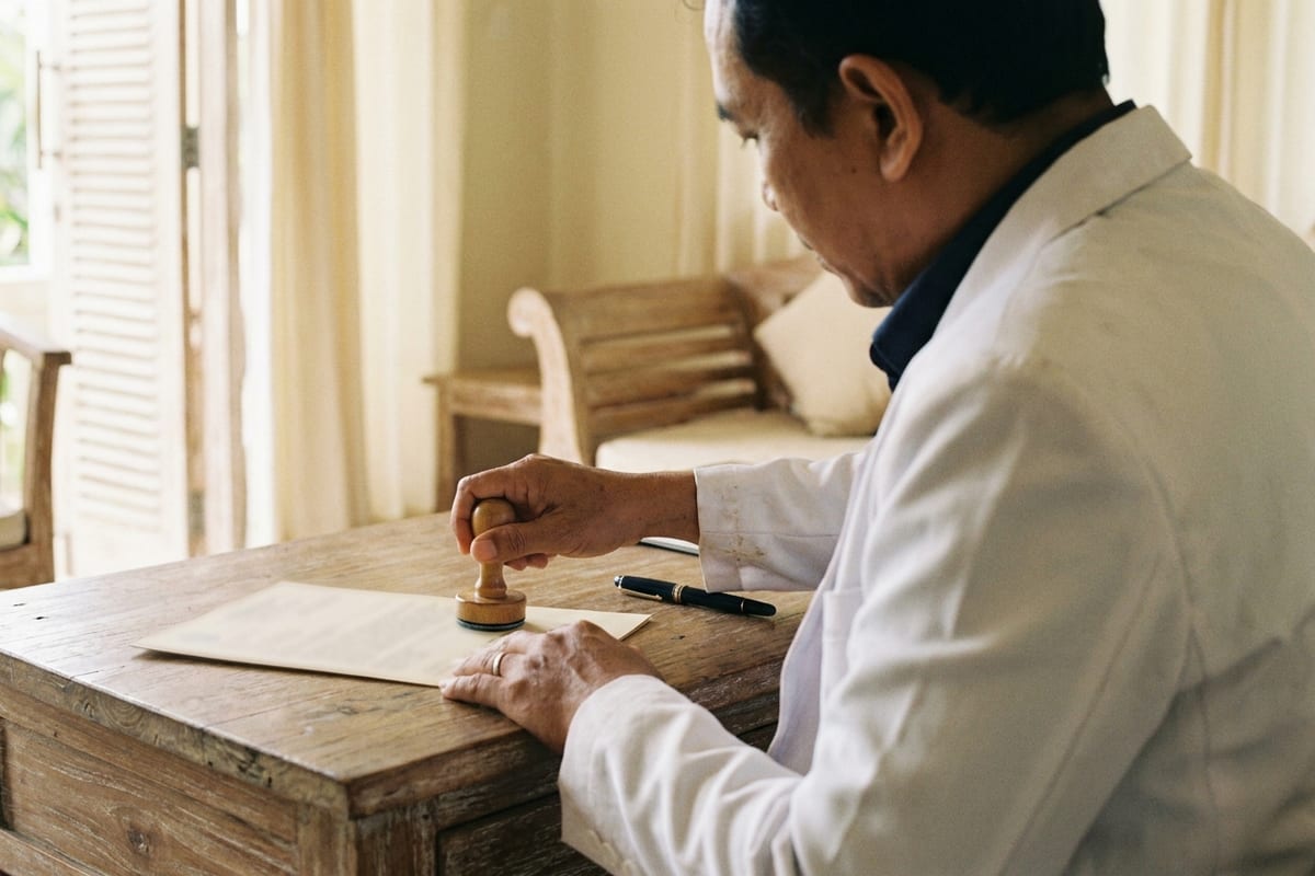 A doctor stamping an official medical certificate