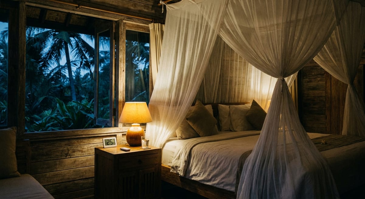 Mosquito net draped over a bed in a Bali bedroom at dusk