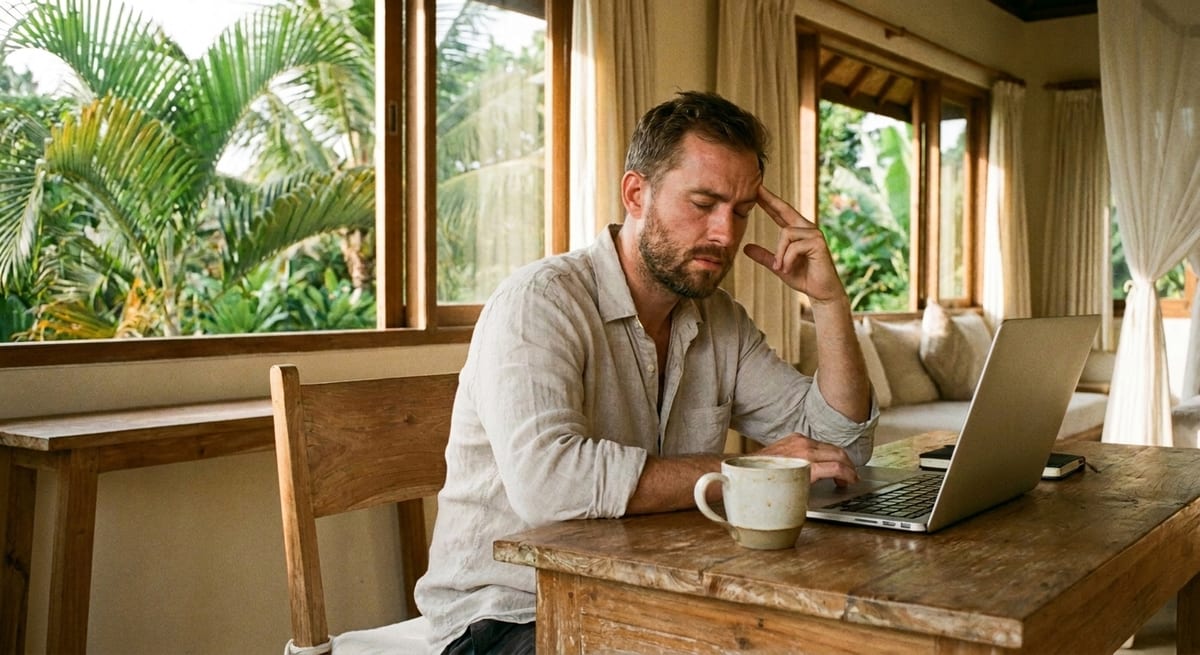 Remote worker pausing at a laptop desk in Bali