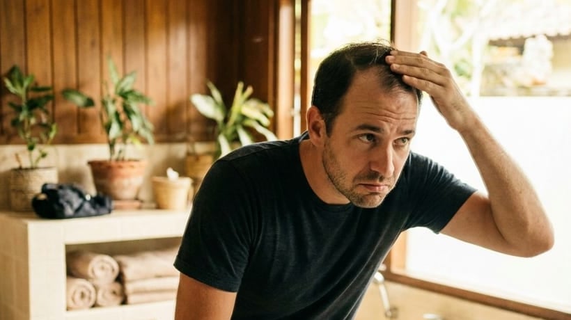 Man checking his hairline in a villa bathroom mirror