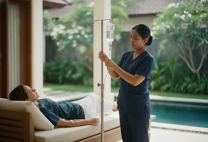 A nurse adjusting an IV drip beside a resting guest at a Bali villa