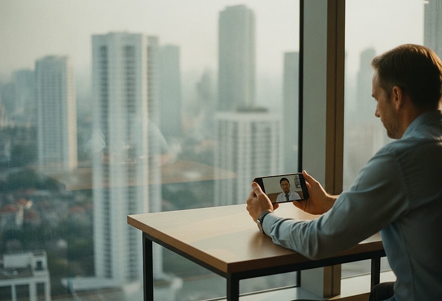 An expat in a Jakarta apartment on a video consultation with a licensed Indonesian doctor