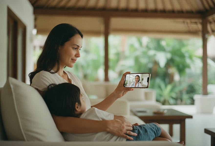 A parent and young child on a video call with a licensed doctor at their Bali villa