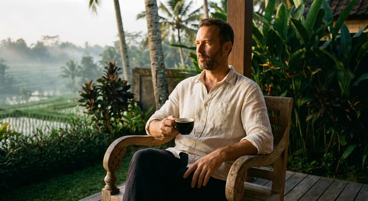 Man drinking coffee on a villa terrace in early morning light