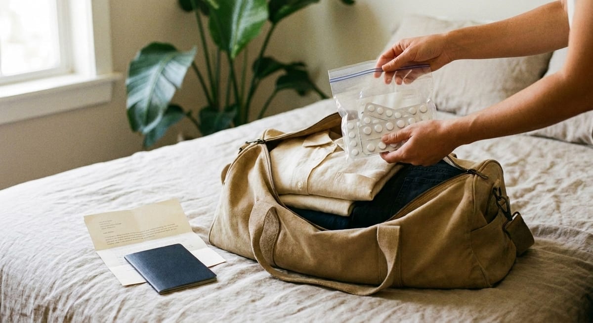 Hands packing a clear bag of medication blister strips into a travel bag