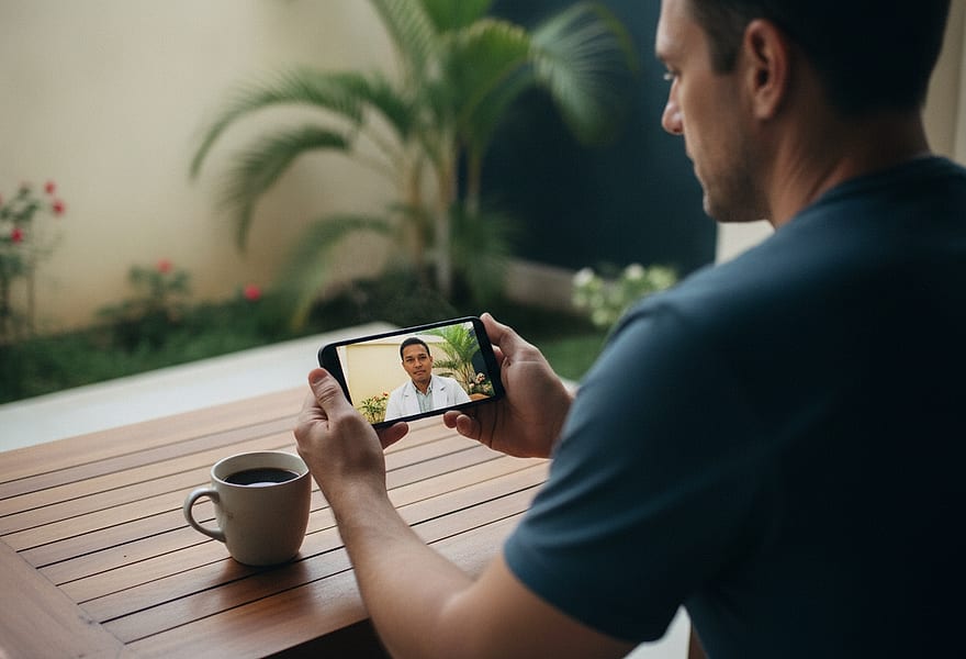 Man taking a private video call with a doctor on his phone at a villa table
