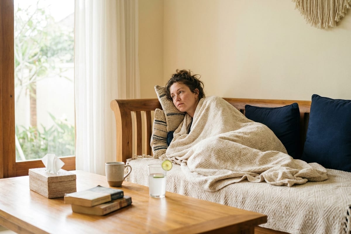 Unwell traveller resting under a blanket on a villa sofa, water and tissues close by