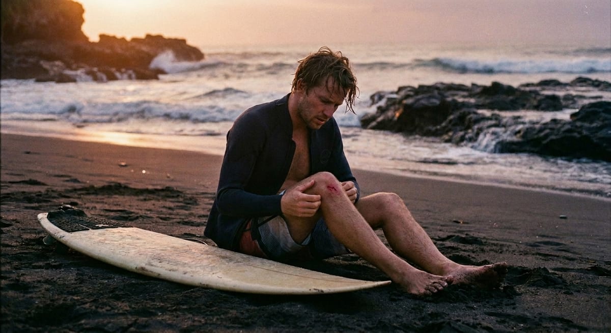 Surfer checking a cut on his leg beside his board