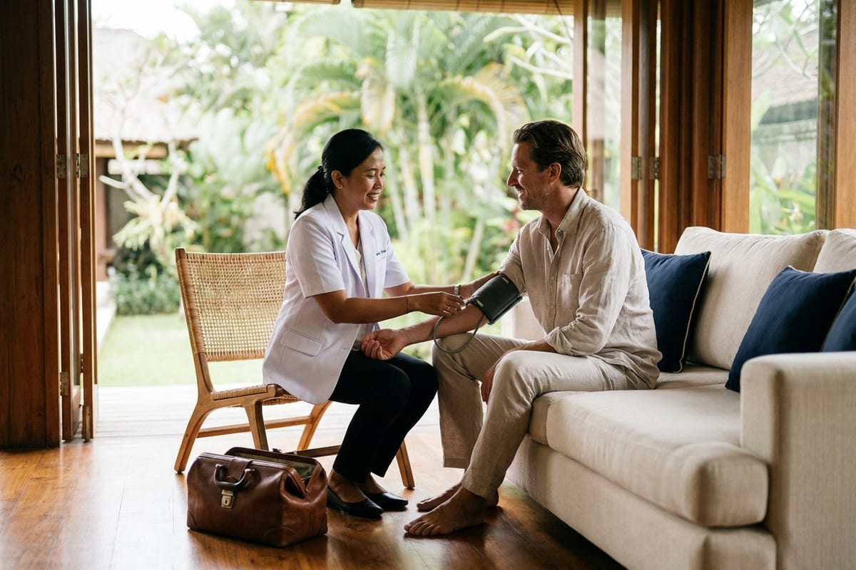 A licensed doctor checking a patient's blood pressure at their Bali villa