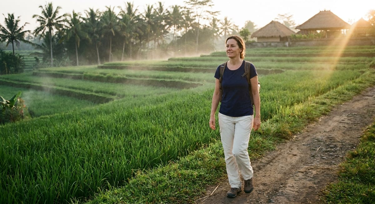 Woman walking beside green rice fields in Bali in the early morning
