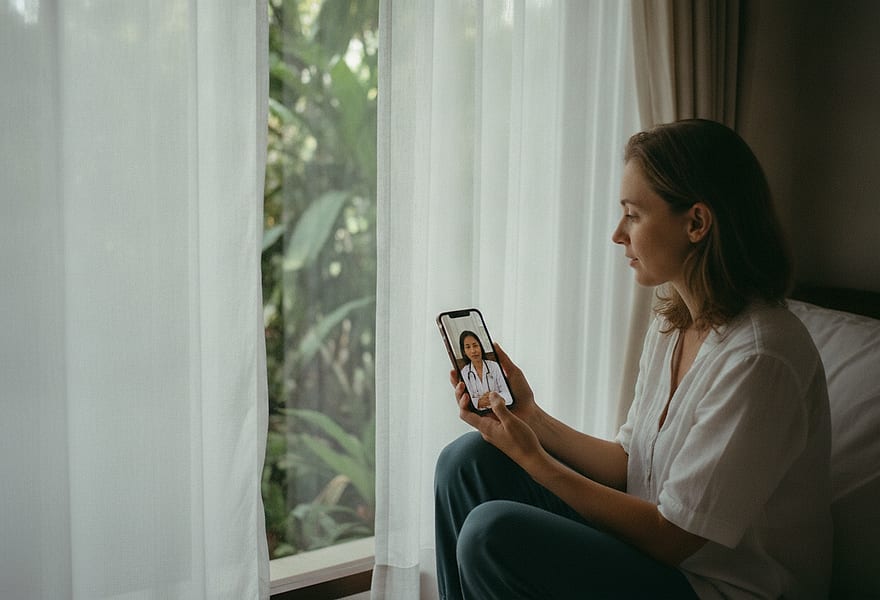 A woman in a quiet corner of her villa on a private video consultation with a female doctor